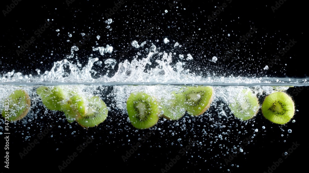 Poster fresh kiwi slices are caught mid-motion in a dynamic splash of water, with droplets suspended in det