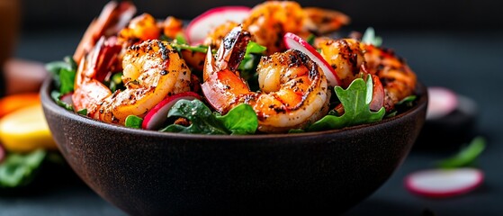 Bowl of grilled shrimp, radish slices and green salad on a dark background