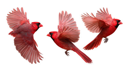 northern cardinal bird set red cardinal in flight, collection of 3, front left right angle variation, cutout isolated white background