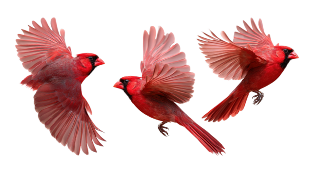 northern cardinal bird set red cardinal in flight, collection of 3, front left right angle variation, cutout isolated white background