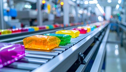 Conveyor belt with colorful, translucent rectangular containers in a factory