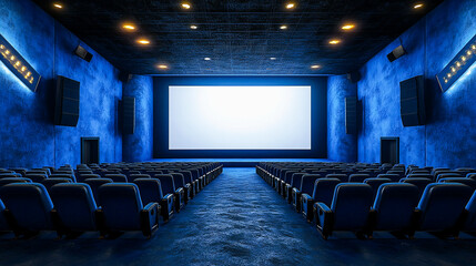 Naklejka premium Blue cinema hall with white blank screen and empty seats. Concept of movie theater, entertainment, and leisure