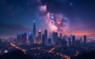 Fototapeta premium Night City Skyline Under a Vibrant Starry Galaxy. High quality