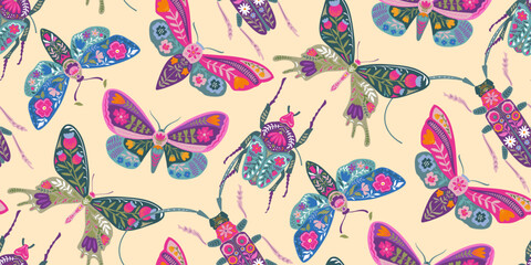 Vector seamless pattern with ornate insects, beetles, butterflies. Folk art floral natural endless background.
