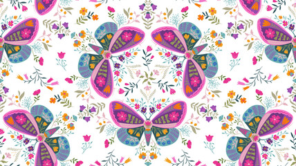 Vector seamless pattern with ornate insects, beetles, butterflies. Folk art floral natural endless background.