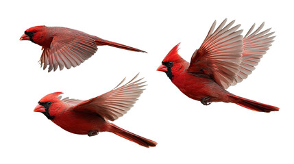 northern cardinal bird set red cardinal in flight, collection of 3, front left right angle variation, cutout isolated white background
