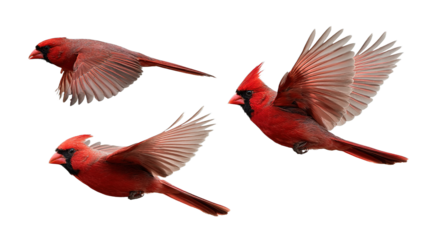 northern cardinal bird set red cardinal in flight, collection of 3, front left right angle variation, cutout isolated white background