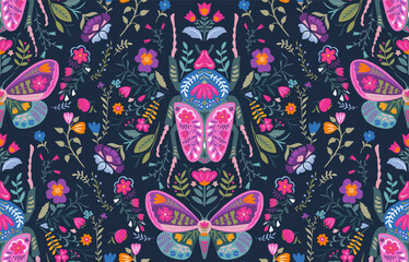 Vector seamless pattern with ornate insects, beetles, butterflies. Folk art floral natural endless background.