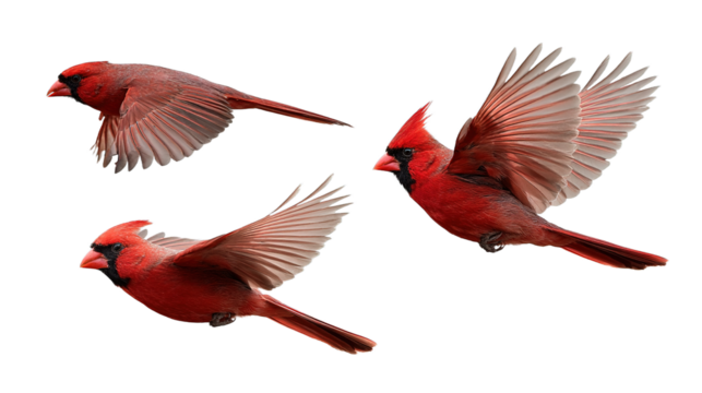 northern cardinal bird set red cardinal in flight, collection of 3, front left right angle variation, cutout isolated white background