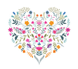 Vector beautiful composition with ornate flowers, plants. Folk art floral poster.