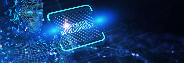 Inscription Software Development on the virtual display. Business, modern technology, internet and networking concept. 3d illustration