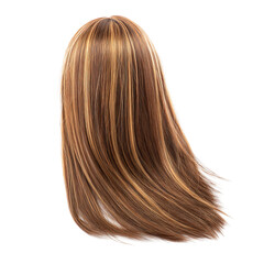 Fototapeta premium Long straight human hair extensions with blonde and light brown highlights. The hair is smooth, silky, and appears to be in excellent condition. The hair is in a natural straight style.