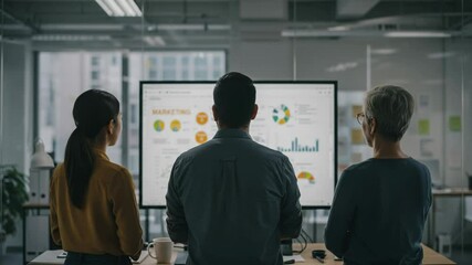 Diverse Group of Three Professionals Analyzing Marketing Data on a Large Screen in a Modern Office Environment, Focusing on Trends and Strategies