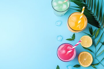 Colorful summer drinks on a blue background with copy space, a flat lay top view, fruits and tropical leaves, Flat lay top view, graphic design backdrop, Minimal concept