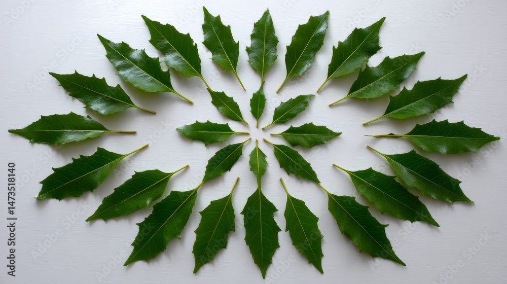 Aufkleber Leafy green elements are artistically arranged in a symmetrical pattern radiating from a central point, set against a neutral backdrop with space for text