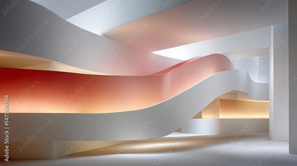 Fototapete A glowing horizontal light strip transitions from soft peach to rich coral, surrounded by smooth undulating forms reflecting ambient light in a contemporary space