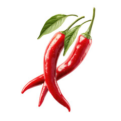 Two Vibrant Red Chili Peppers with Leaves - A Culinary Delight , isolated on white background png