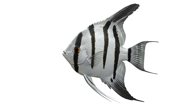Striking zebra angelfish portrait with intricate details against a white backdrop