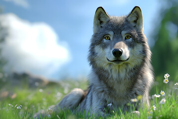 Fototapeta premium A close-up of a majestic wolf resting in a vibrant green meadow under a clear blue sky