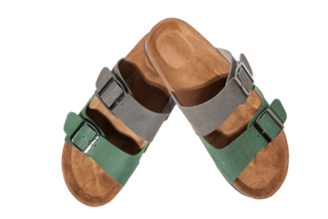 Green And Gray Double Buckle Cork Sandals On White Backgrounds