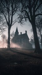 Eerie abandoned house surrounded by thick fog creating a haunting atmosphere at dusk