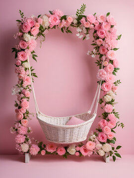 sfondo per fotografia di neonato o bimbi, sfondo di altalena ricoperta di fiori rosa, sfondo rosa, per inserimento  bimbe femmine