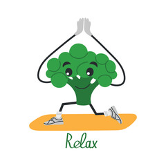 Cute Broccoli doing yoga. Funny vector cartoon vegetable character