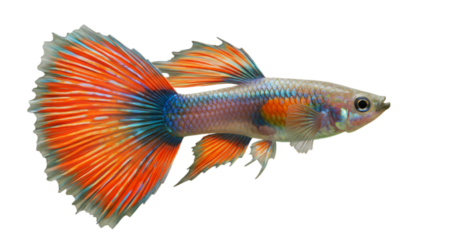 Colorful guppy fish swimming in transparent water, showcasing its vibrant scales and fins