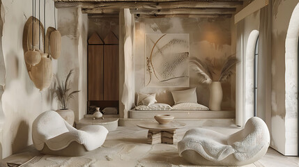 Bohemian room beautiful design with layered textures and vintage decor 