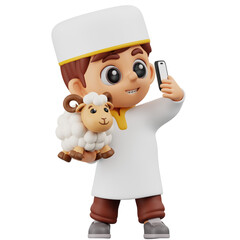 3d cartoon boy taking a selfie with a lamb, perfect for childrens book illustrations, Easterthemed designs, and social media graphics.