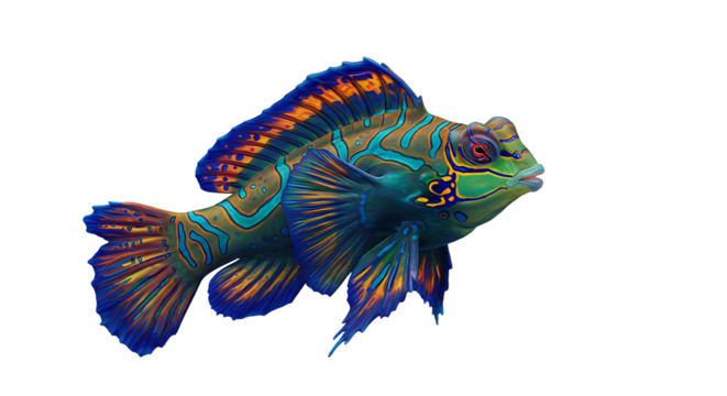 Exotic mandarin fish with vibrant coloration, isolated against a translucent backdrop