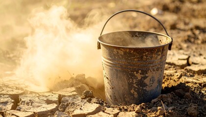 Drought Dirty bucket on cracked soil, arid landscape, dust rising in a dry desolate environment