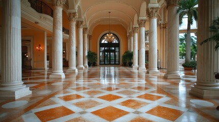 Obraz premium Grand marble foyer with columns, arched entryway, and patterned floor.