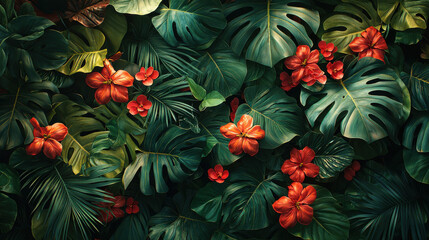 Naklejka premium A dense, vibrant jungle foliage, a lush tapestry of emerald and crimson leaves, teeming with tropical flora, captured in a high-resolution PNG format, perfect for your next design project 