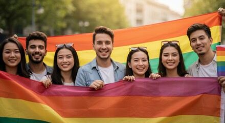 Smiling Young Adults Holding Rainbow Flag Celebrating Pride Month Against Blurred Urban Backdrop Representing Lgbtqia Awareness And Community Support