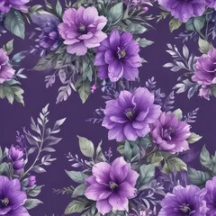 Vibrant purple watercolor blooms & foliage, rich texture , painting, background, clipart