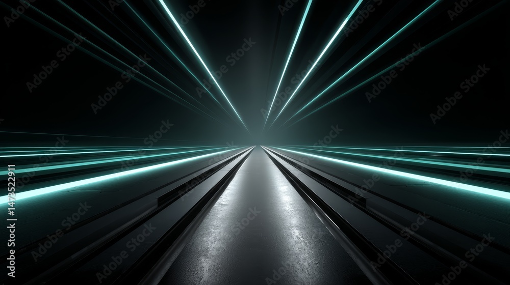 Poster A sleek geometric pattern in teal and silver is illuminated by a soft neon glow, creating a futuristic atmosphere with ample space for text on the right