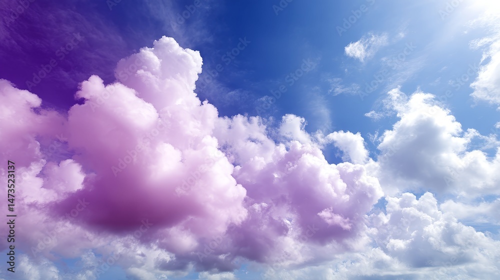 Poster fluffy clouds in shades of peach and lavender float in a bright turquoise sky, illuminated by sunlig