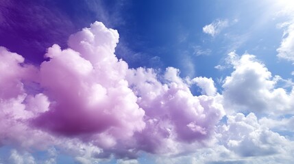 Fluffy clouds in shades of peach and lavender float in a bright turquoise sky, illuminated by sunlight, creating a tranquil and dreamy atmosphere