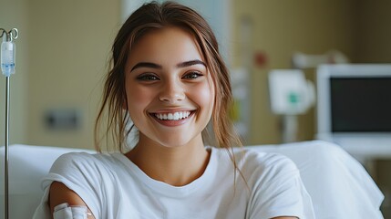 A smiling woman with long, dark hair shows her bare arm, revealing a decorative Band-Aid on her shoulder.