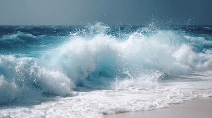 Naklejka premium A vibrant blue wave rolls towards the shore, creating dramatic foam and spray under the bright sun, evoking a serene coastal vibe