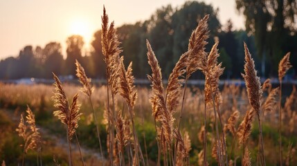 Fototapeta premium In a vast meadow, tall grass sways gracefully in the wind, bathed in soft golden light during the late afternoon. The tranquil atmosphere invites contemplation