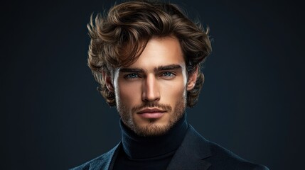Fototapeta premium A man with a stylishly layered hairstyle, wearing a tailored blazer and a turtleneck top, combining classic and contemporary elements.