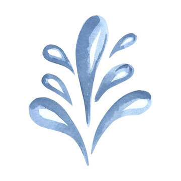 Fountain of blue drops of sea water watercolor illustration for kids design. Dinamic splash of pure transparent liquid isolated. Hand drawn splater blobs of ocean. Marine clipart in kids sketch style