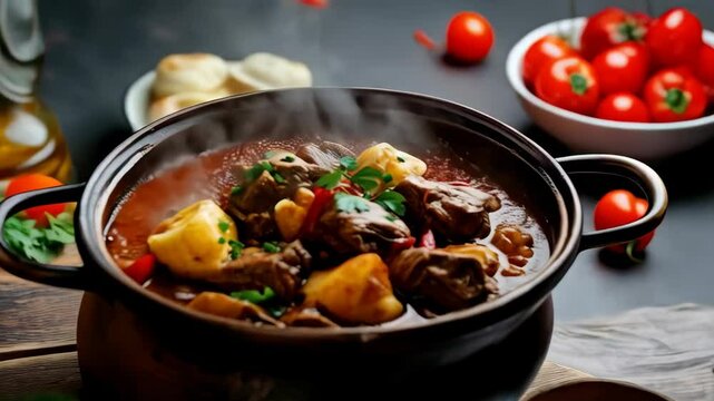 Hungarian goulash in a rustic stew pot, served with a side of fluffy dumplings. A hearty and comforting dish from Hungary