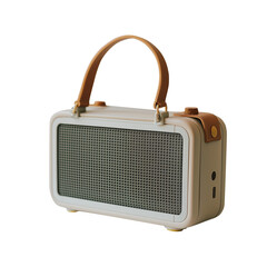 aesthetic portable speaker, flat lay composition, with slight perspective tilt, white background