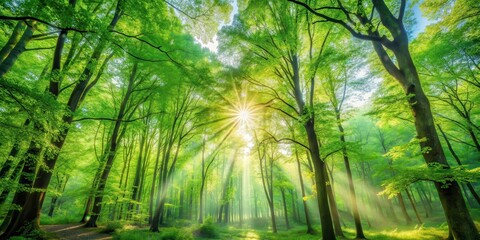 A serene spring morning scene with a lush green forest stretching towards the sky beneath gentle sunlight filtering through leafy branches, green trees, forest landscape