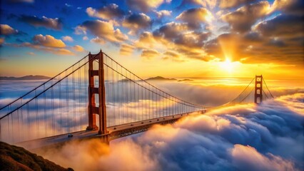 Fototapeta premium Golden Gate Bridge opens to a heavenly sky with bright clouds, set against a serene and peaceful atmosphere, stunning