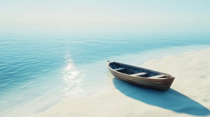 Naklejka premium Tranquil wooden rowboat on a sunlit beach.