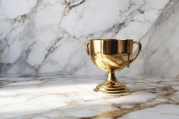 Golden trophy on a marble surface in  setting.